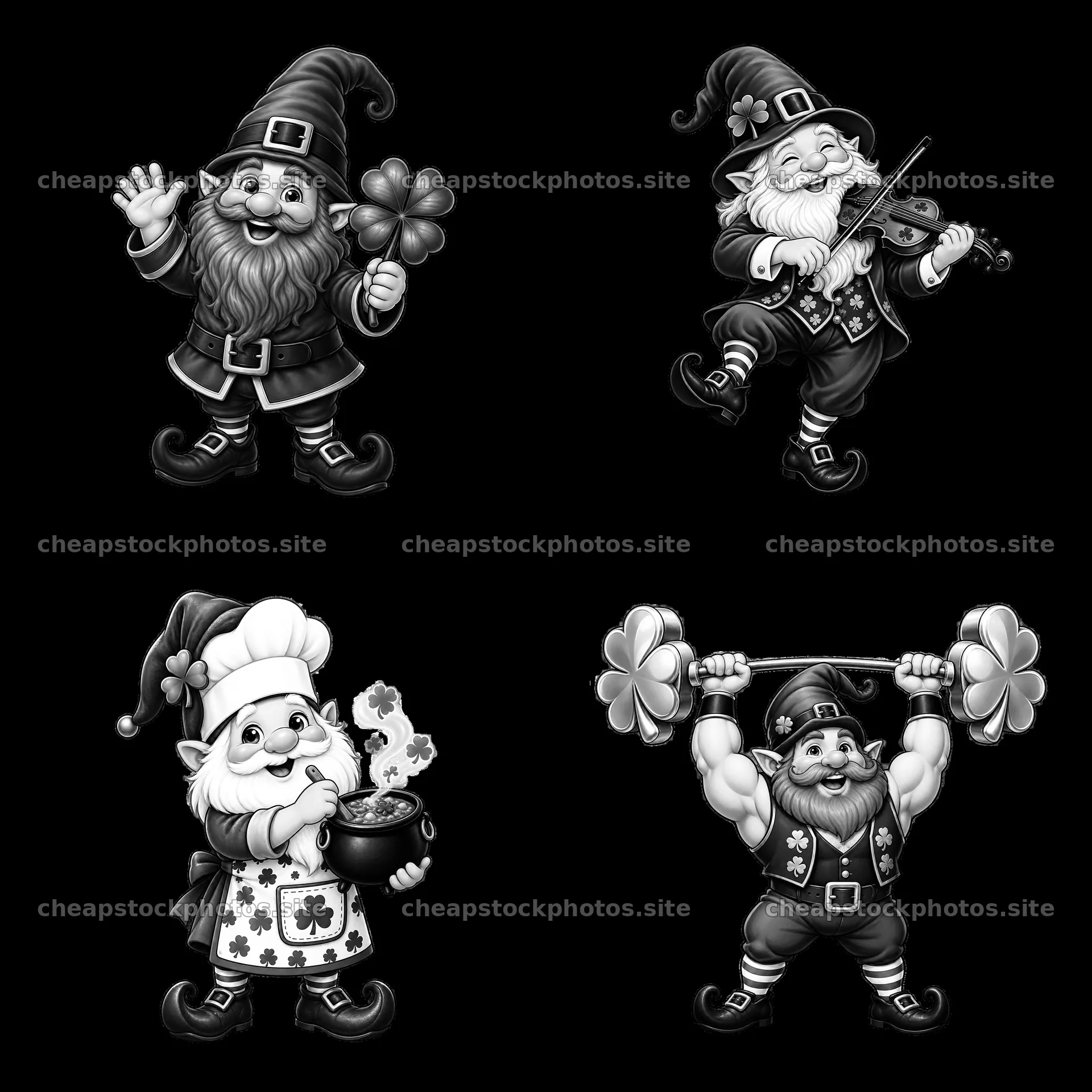 Four St. Patrick's Day gnomes with various activities – stock photos 7746x7746