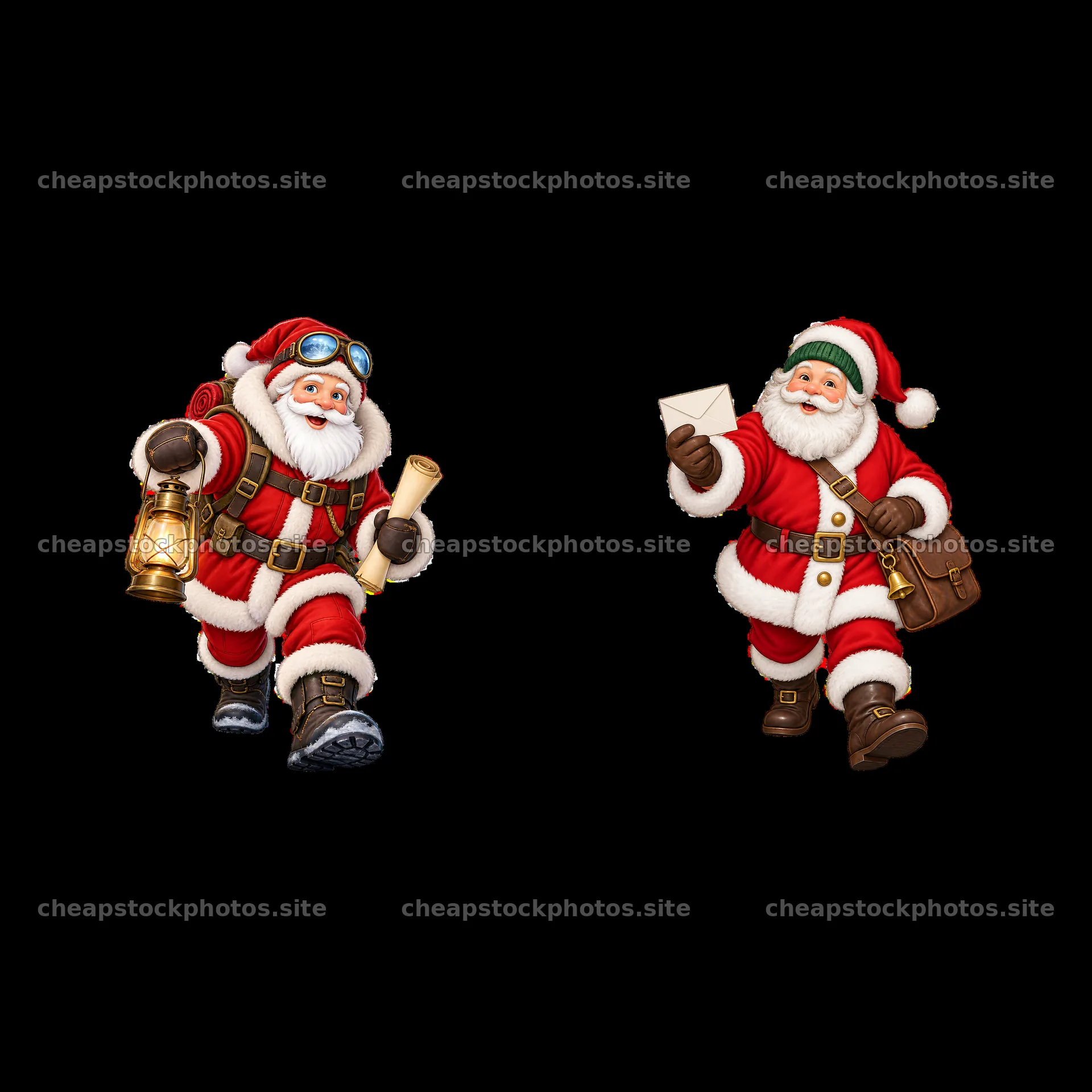 Two cheerful Santa Claus figures with accessories – stock photos 7746x7746