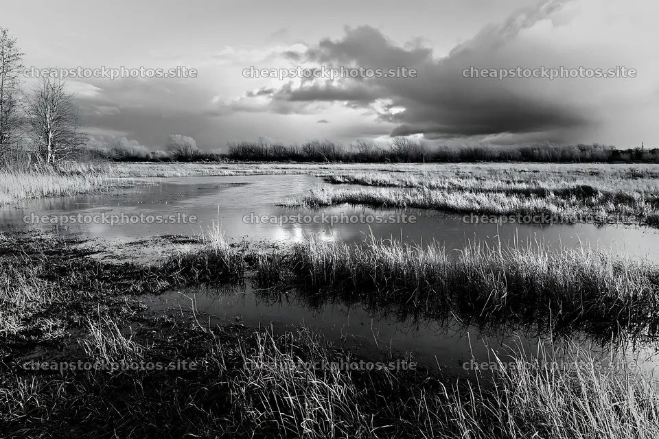 Autumn meadow with water and cloudy skies – stock photos 9722x6480