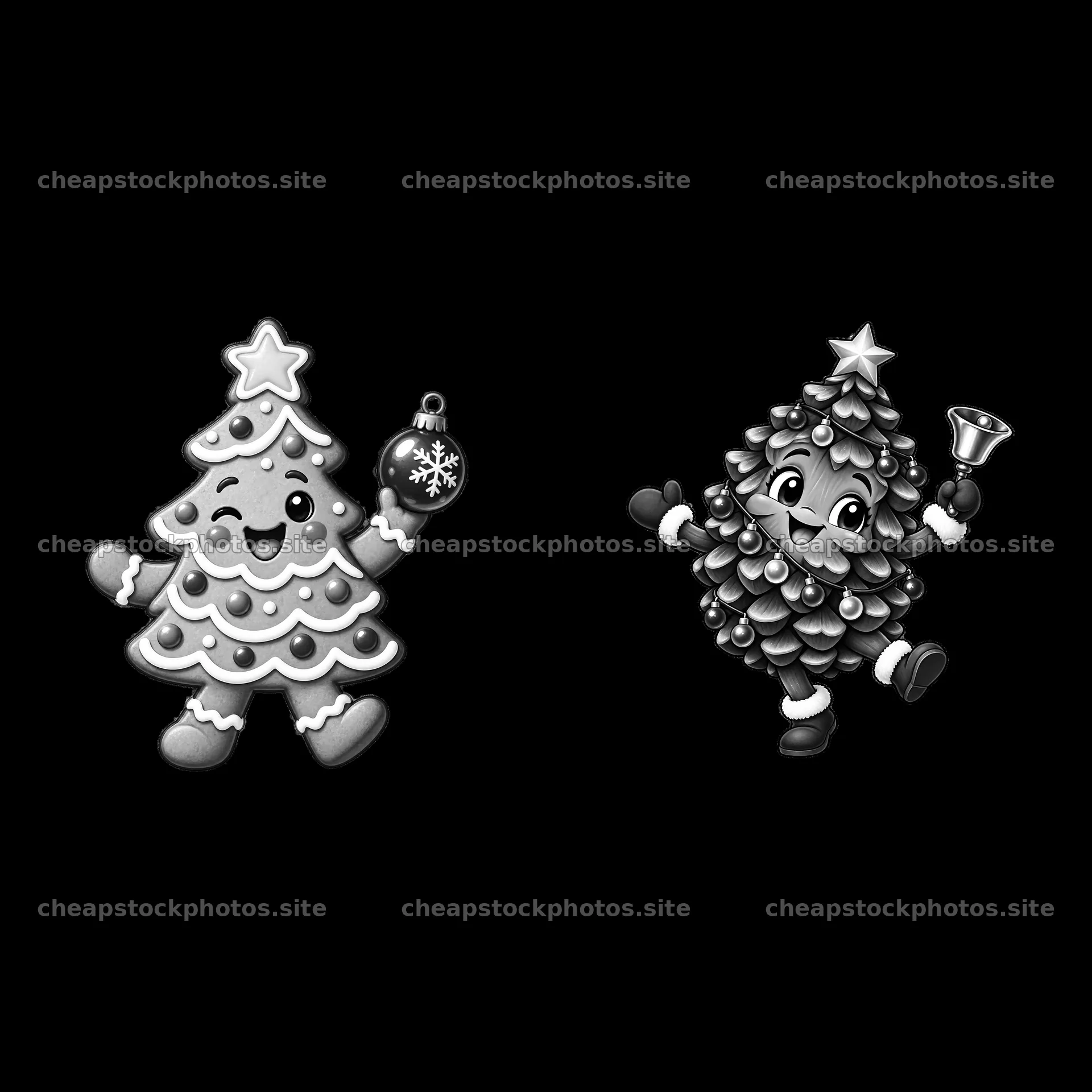 Cute Christmas tree characters with ornaments and bells – stock photos 7746x7746