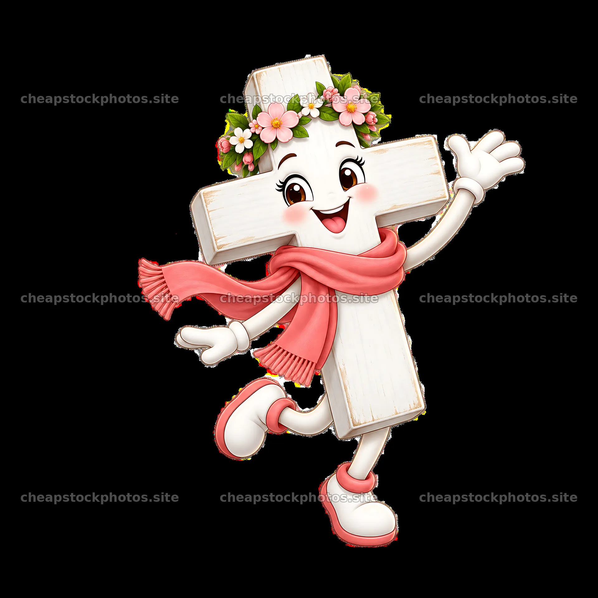 Happy Easter cross character with flowers and scarf – stock photos 7746x7746