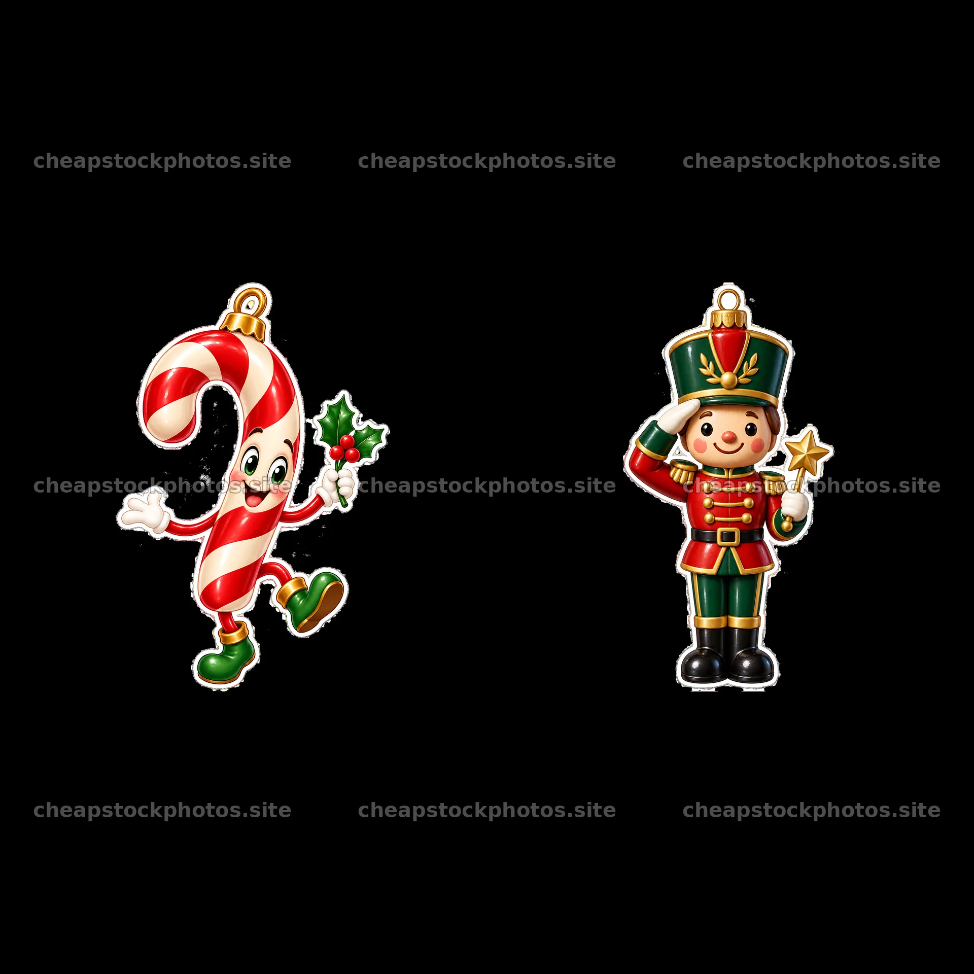 Candy cane and nutcracker ornament duo for Christmas celebration – stock photos 7746x7746