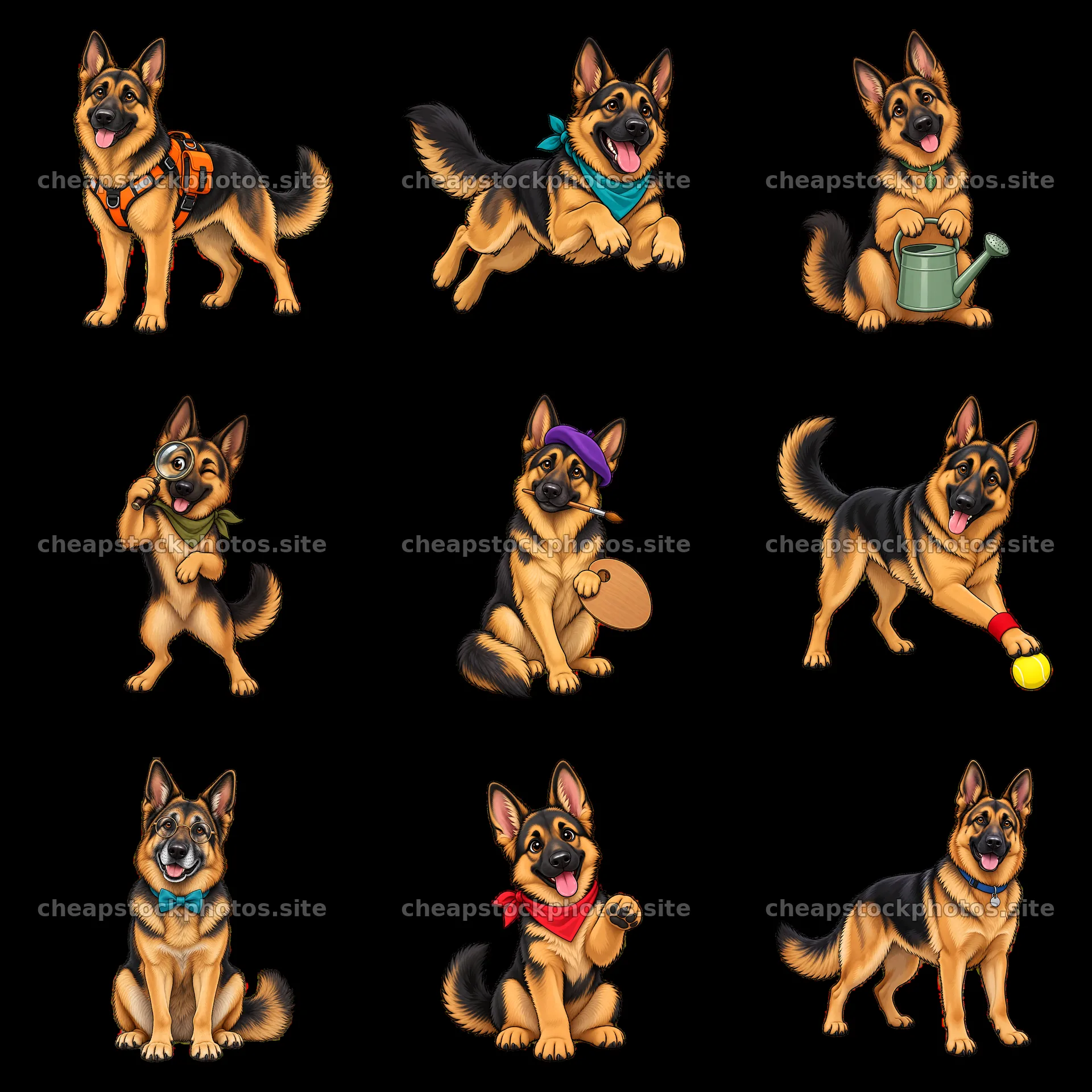 German Shepherd dogs in various playful and fun poses – stock photos 7746x7746