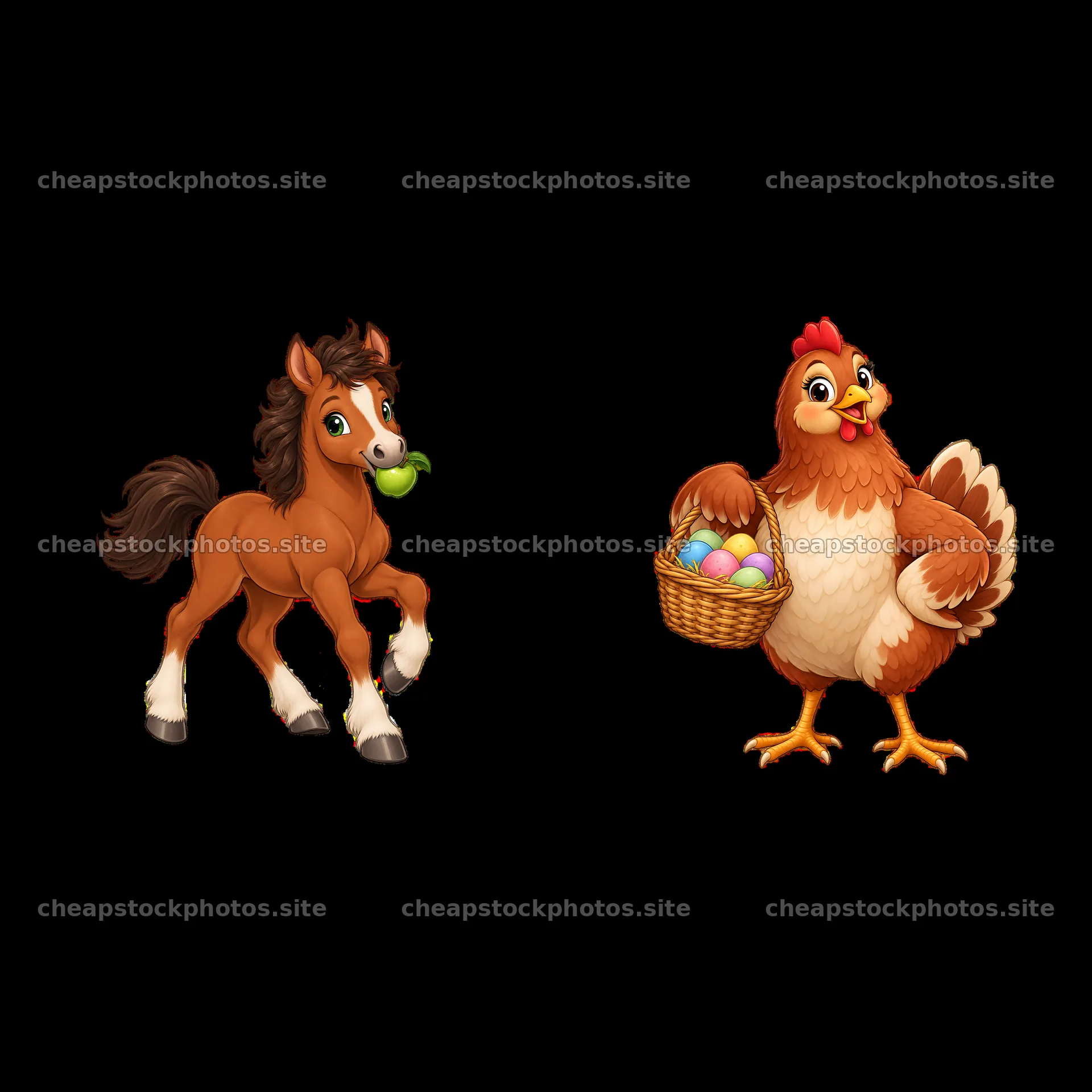 Horse holding an apple next to chicken carrying colored eggs – stock photos 7746x7746