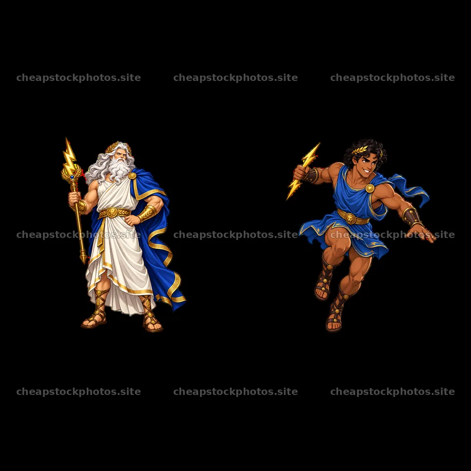 Zeus and his son wielding thunderbolts in a cartoon illustration – stock photos 7746x7746