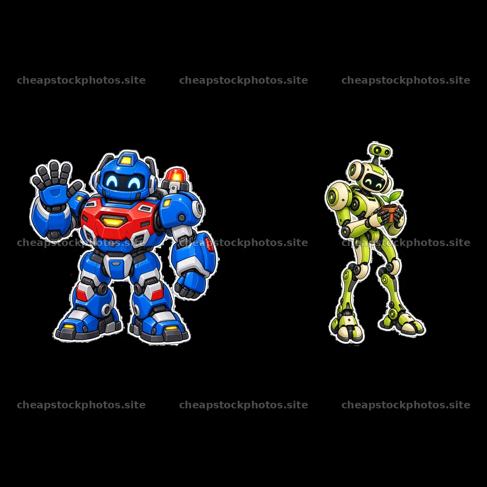 Colorful mech robot pair with waving and holding gestures – stock photos 7746x7746