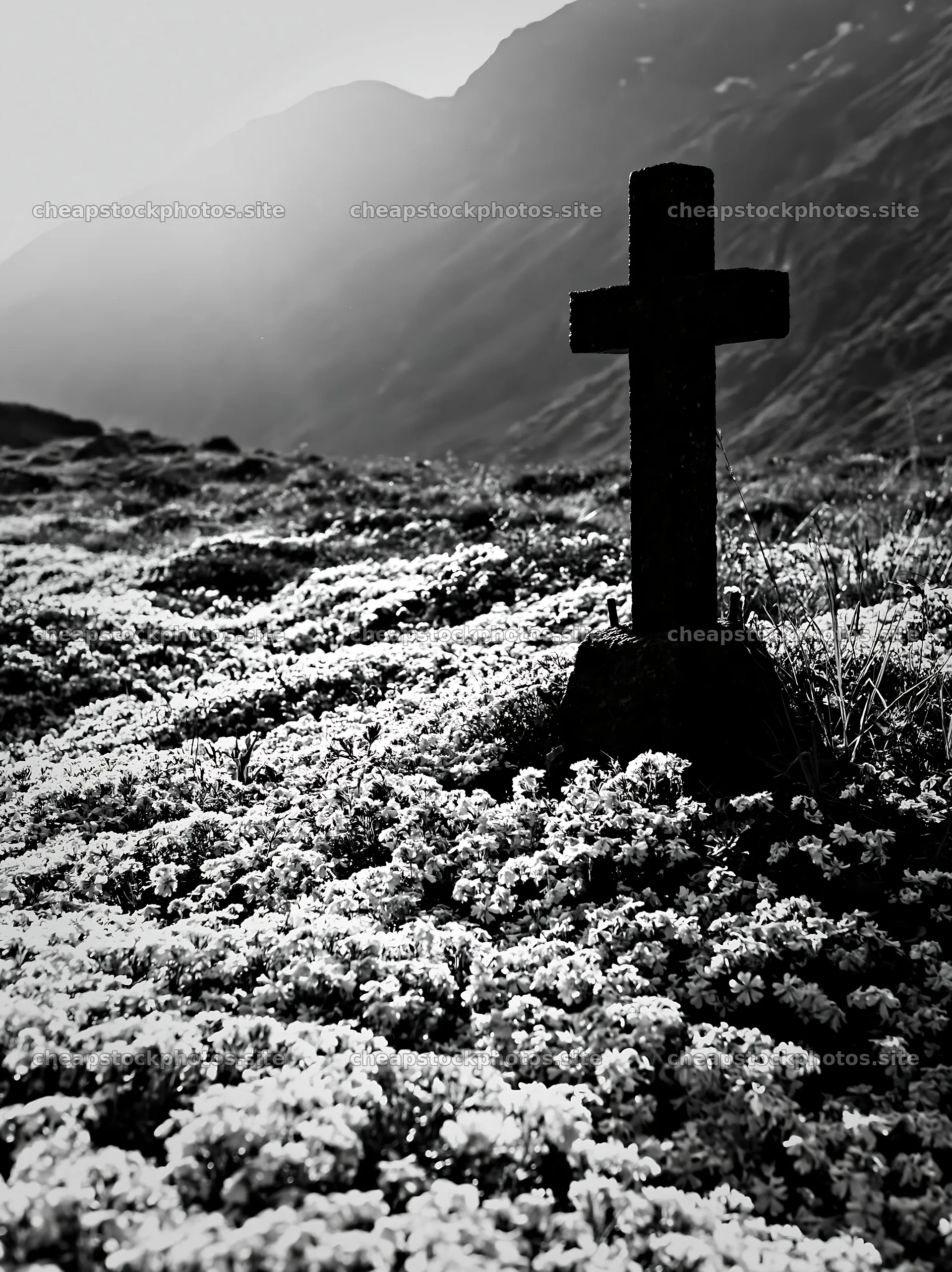 Stone Christian cross in alpine valley meadow – stock photos 6866x9174
