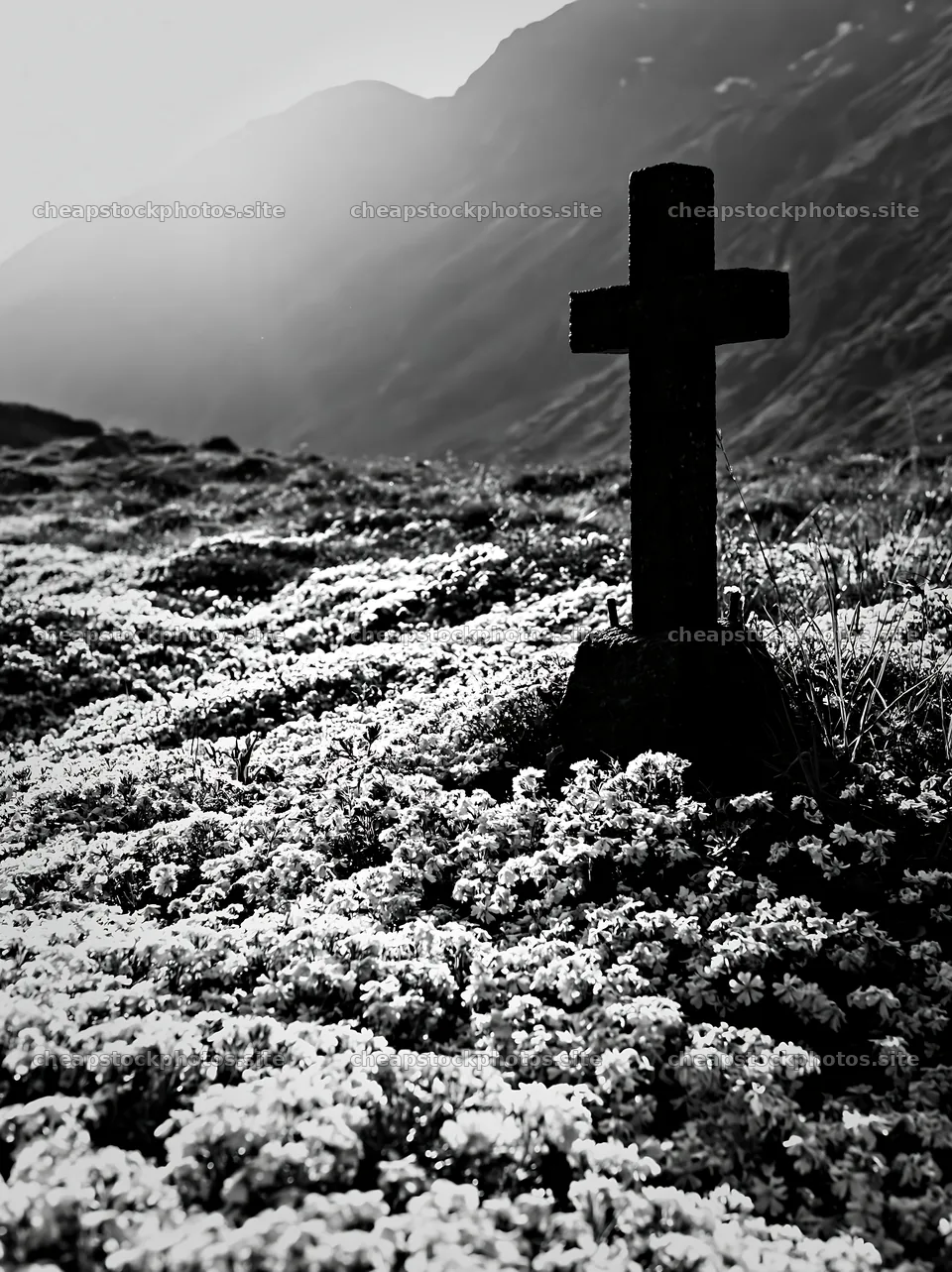 Stone Christian cross in alpine valley meadow – stock photos 6866x9174