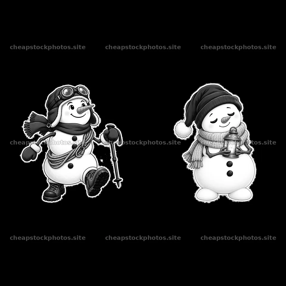 Snowman with goggles and walking stick next to snowman holding bell – stock photos 7746x7746