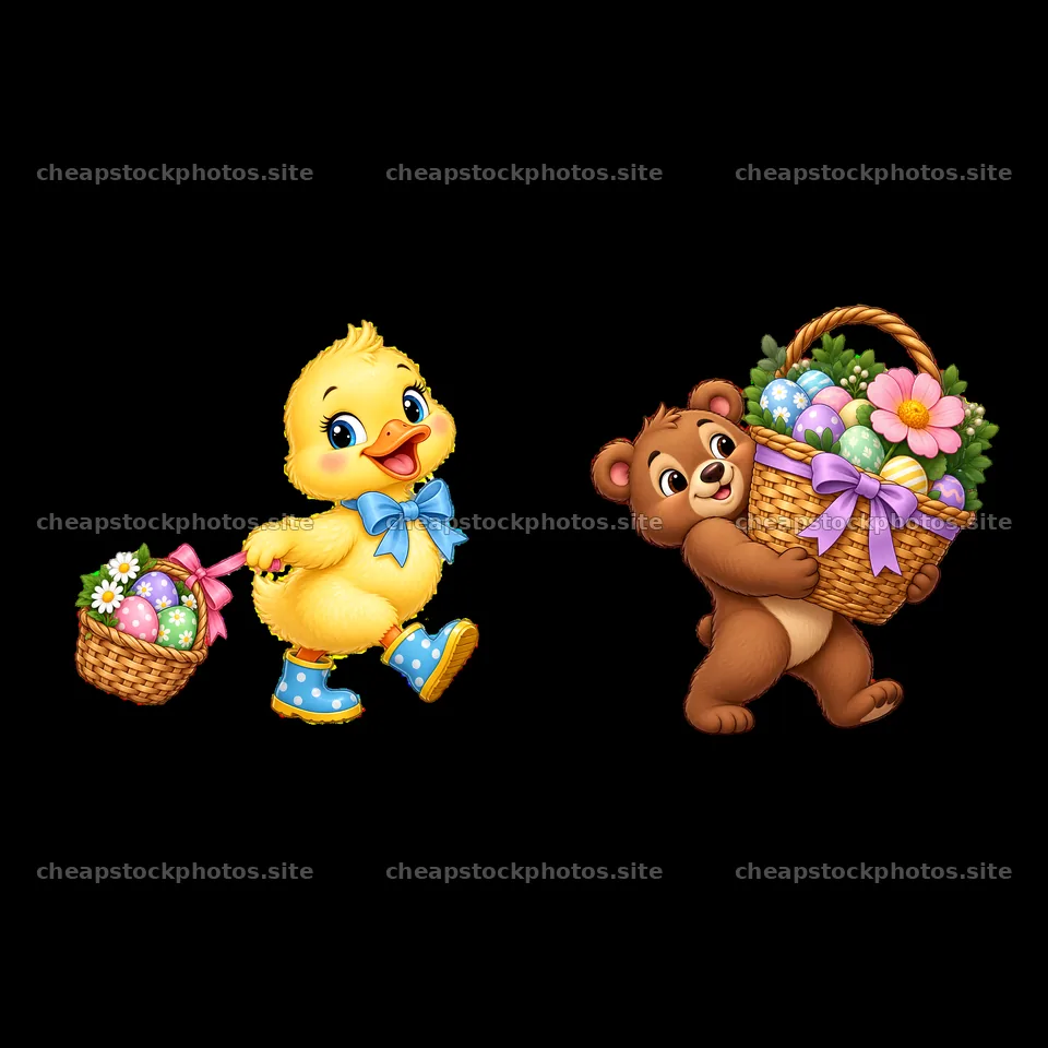 Cute chick and bear carrying Easter baskets with colorful eggs – stock photos 7746x7746