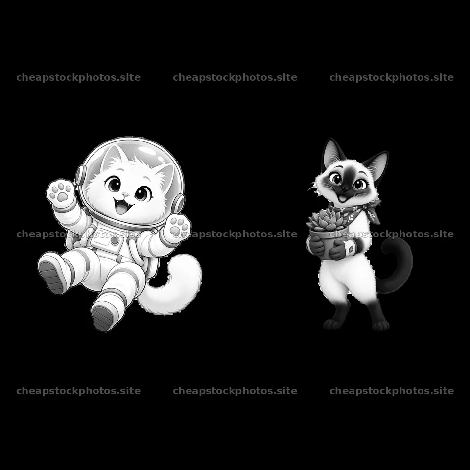 Cat astronauts with space gear and fruits in a basket – stock photos 7746x7746
