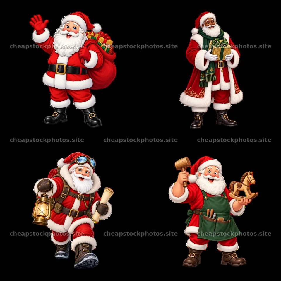 Santa Claus characters in festive poses with gifts and toys – stock photos 7746x7746