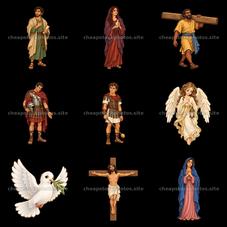 Cartoon figures depicting Jesus on the cross and related scenes – stock photos 7746x7746