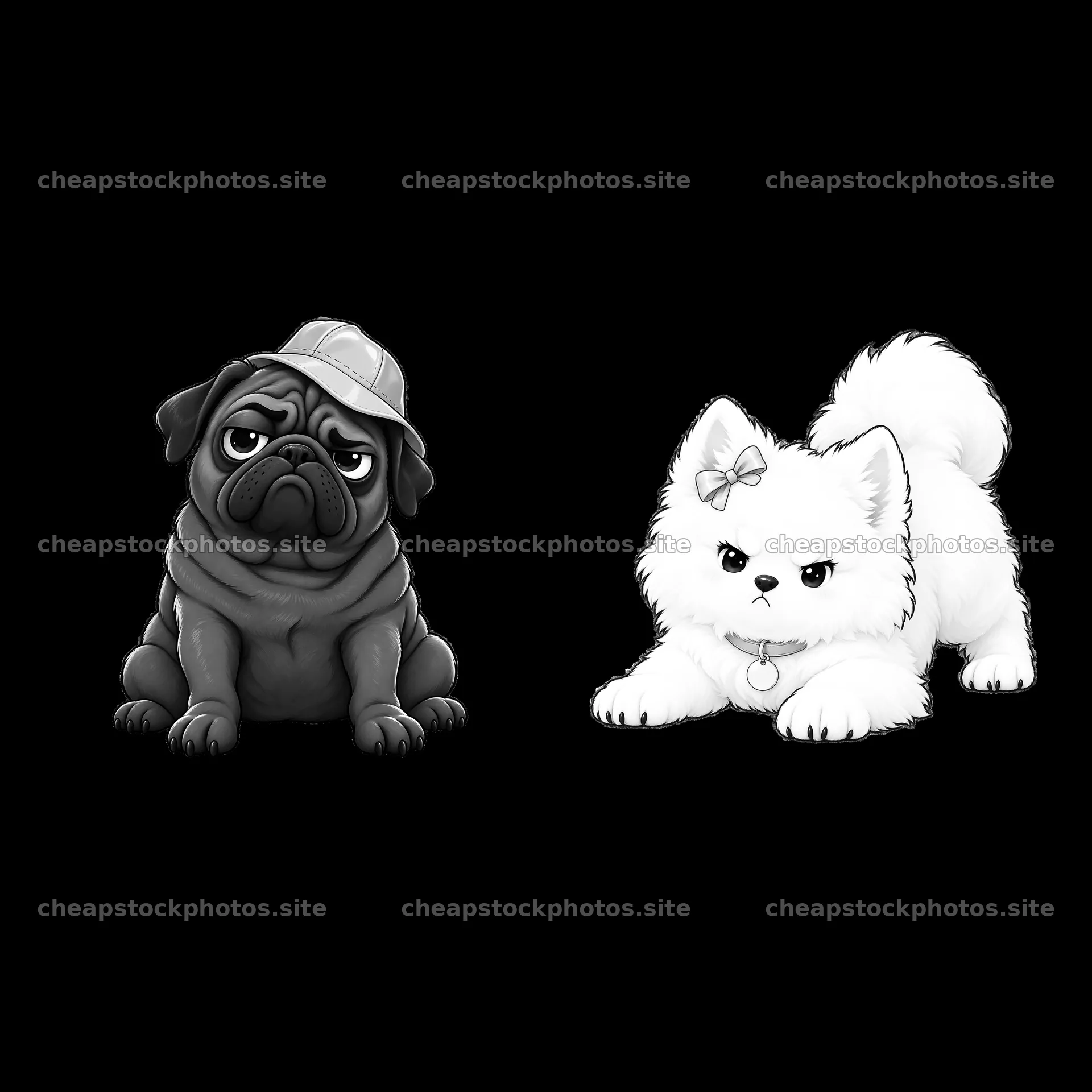 Grumpy dog duo with a pug and a fluffy white dog – stock photos 7746x7746