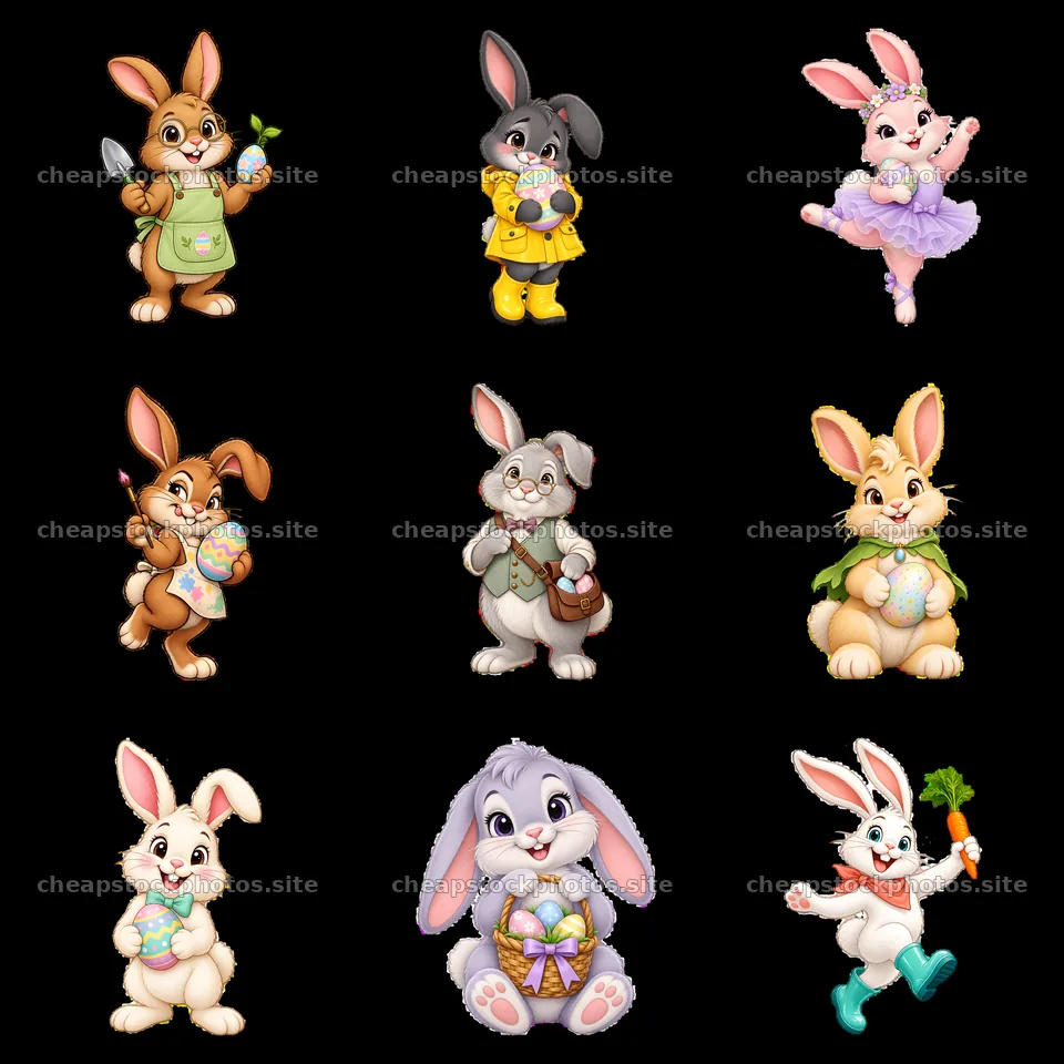 Colorful Easter bunny stickers in a 3x3 grid layout – stock photos 7746x7746