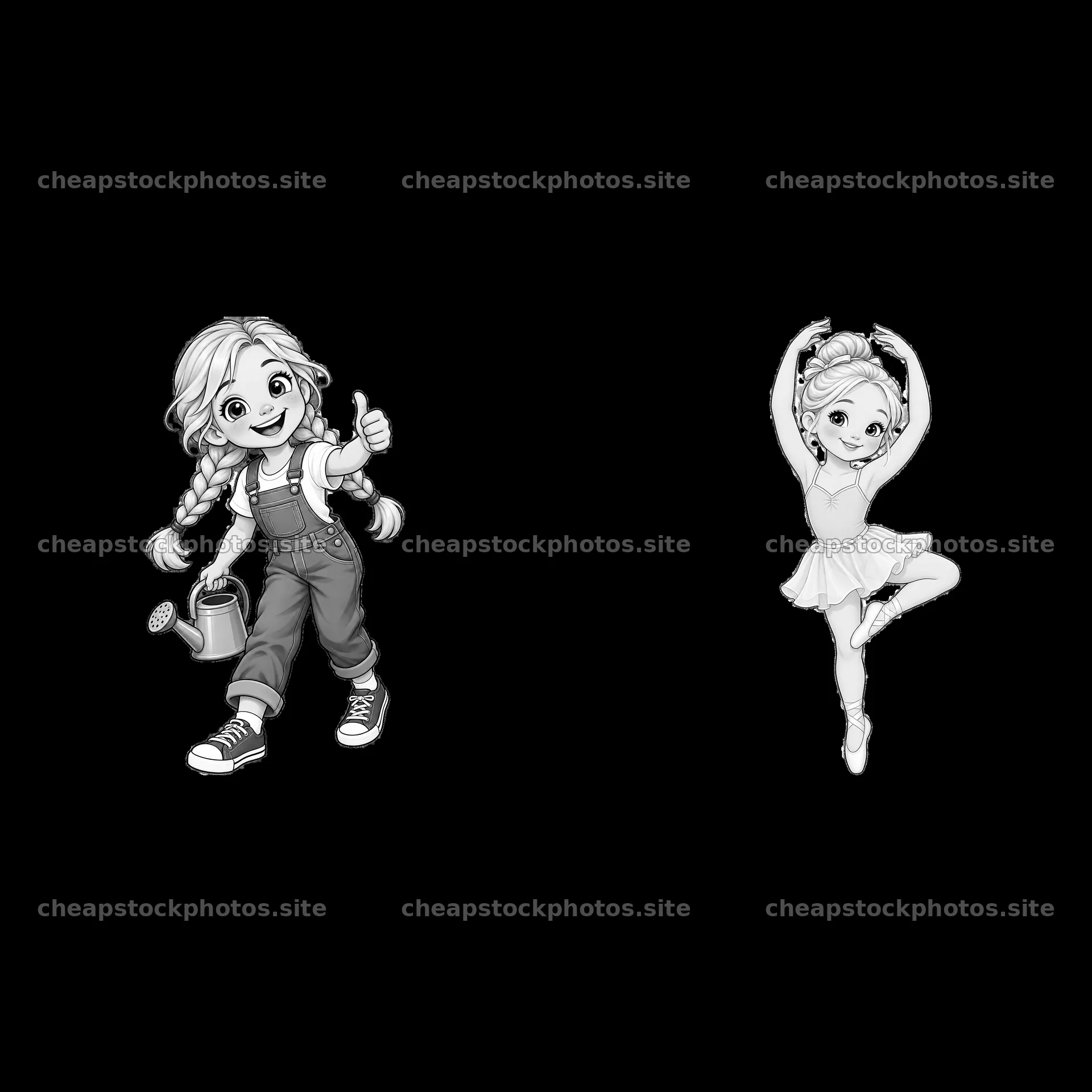 Blond child in overalls with watering can and ballerina in pose – stock photos 7746x7746