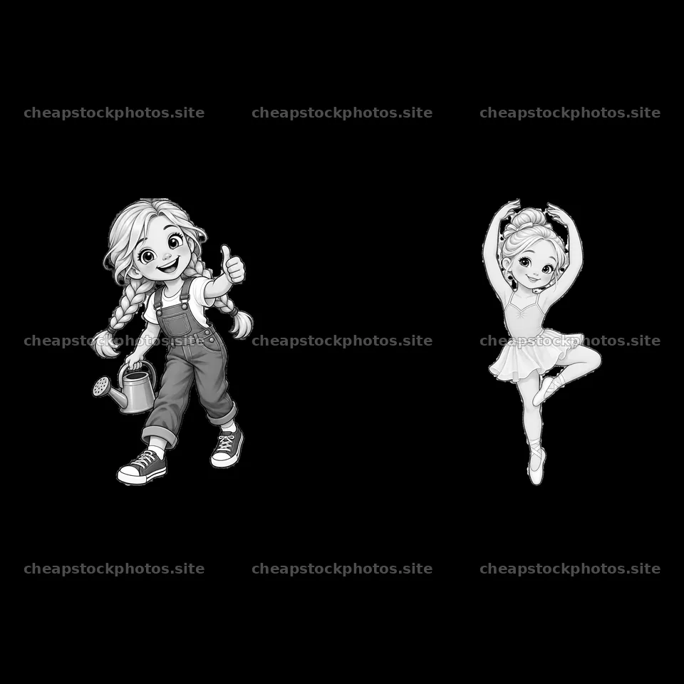 Blond child in overalls with watering can and ballerina in pose – stock photos 7746x7746
