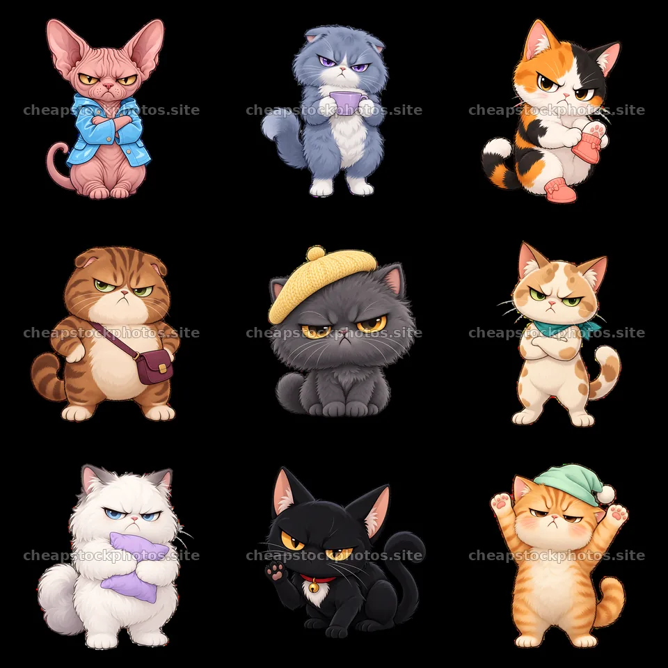 Kawaii grumpy cat stickers in a 3x3 grid layout – stock photos 7746x7746