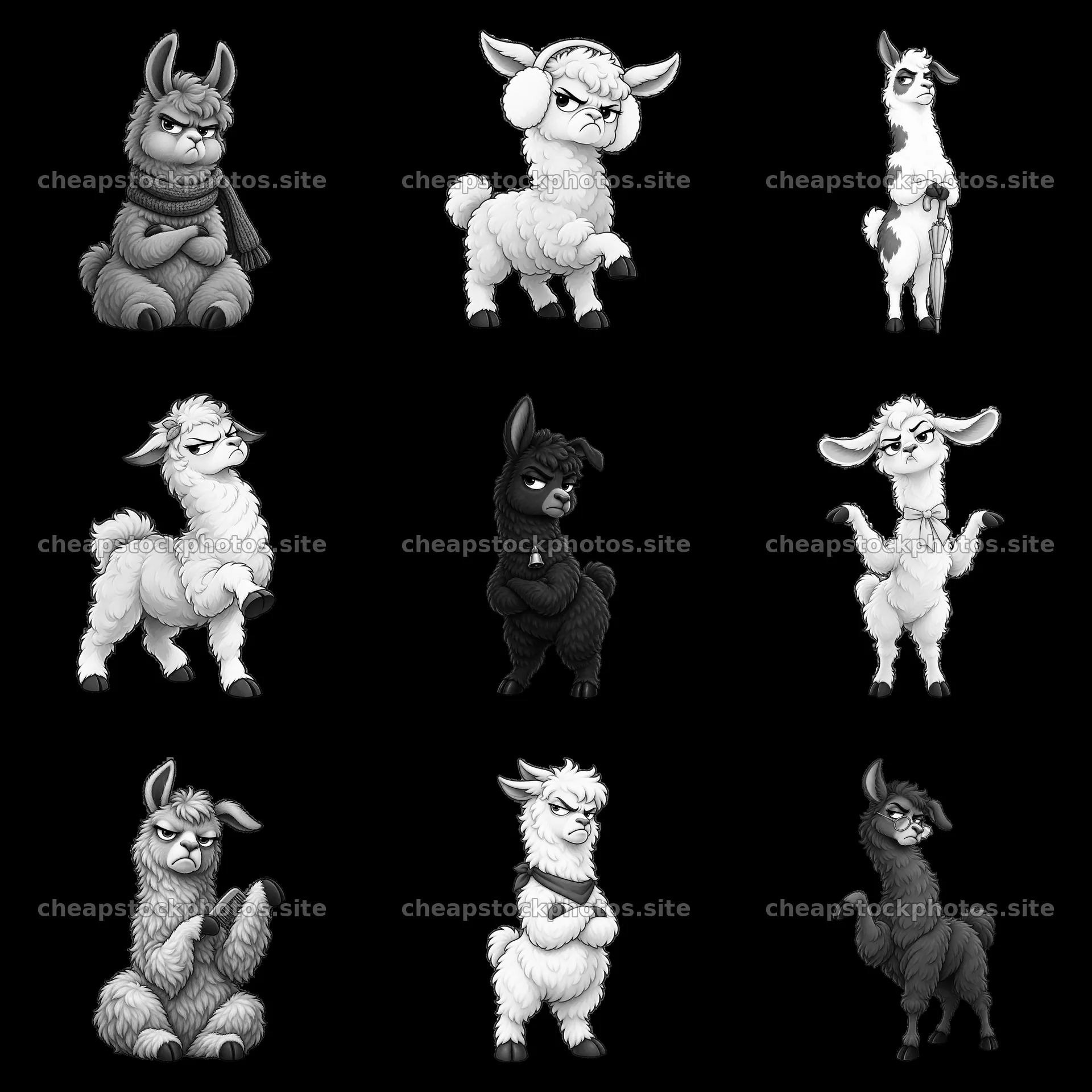 Grumpy cartoon llamas with varied expressions in black and white – stock photos 7746x7746