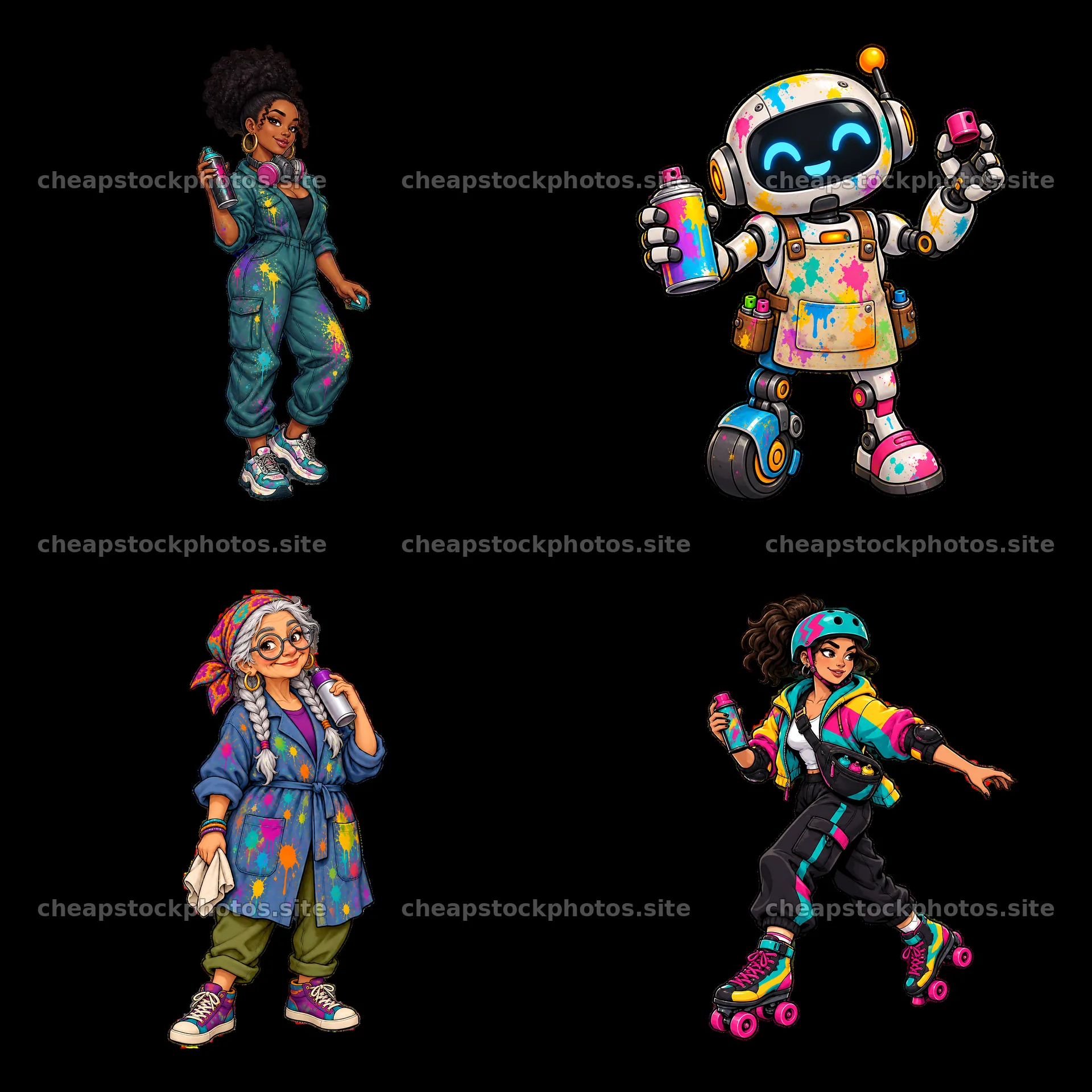 Graffiti sprayers in colorful outfits with spray cans – stock photos 7746x7746