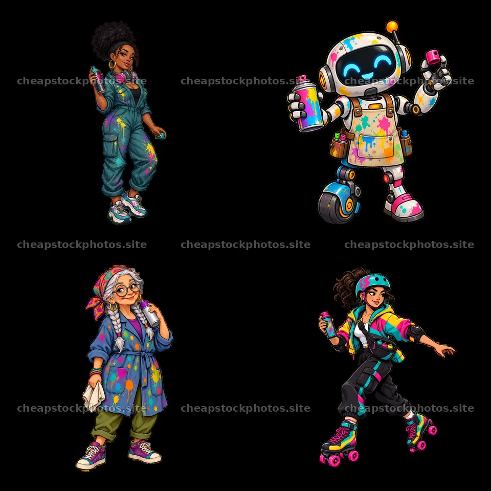 Graffiti sprayers in colorful outfits with spray cans – stock photos 7746x7746