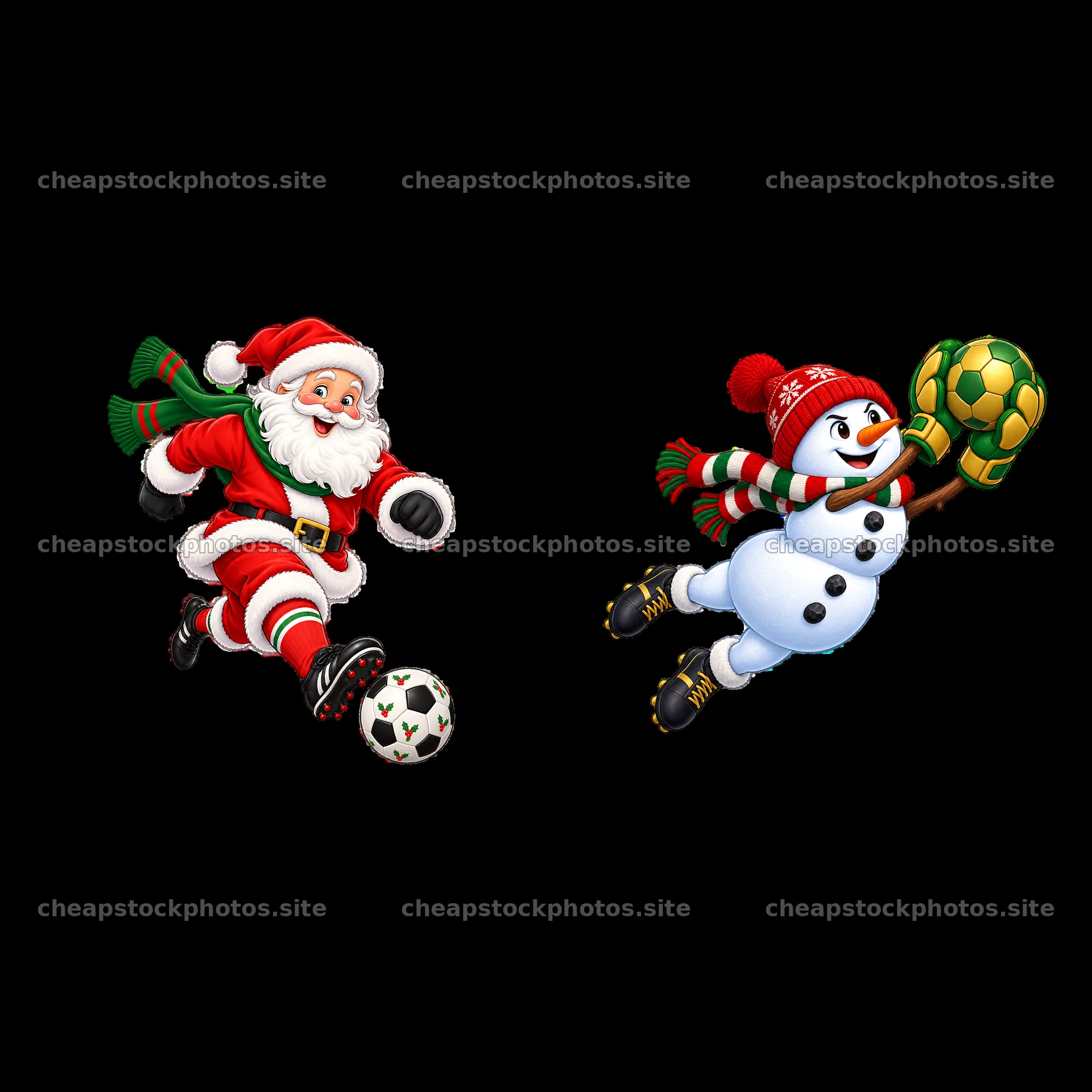 Santa and snowman playing soccer in Christmas style – stock photos 7746x7746