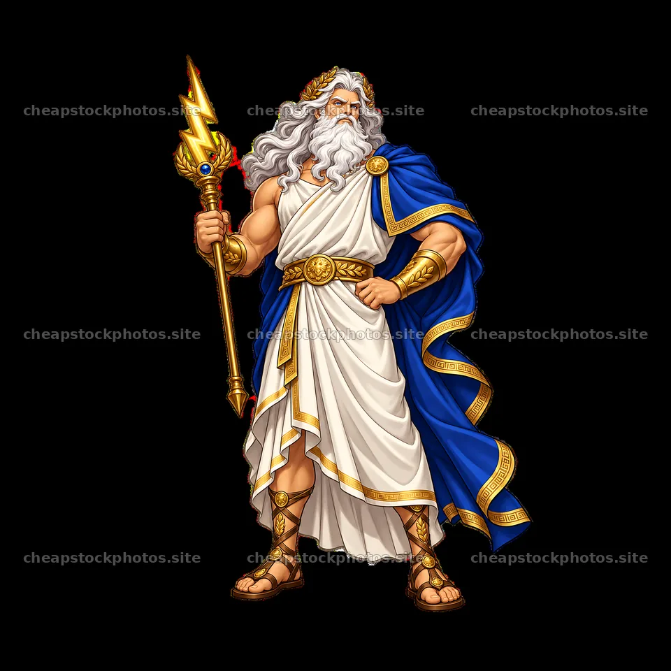 Zeus with lightning bolt and staff in traditional Greek attire – stock photos 7746x7746