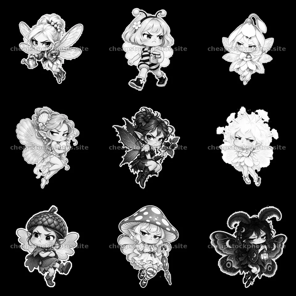 Kawaii grumpy fairy stickers in monochrome grid layout – stock photos 7746x7746