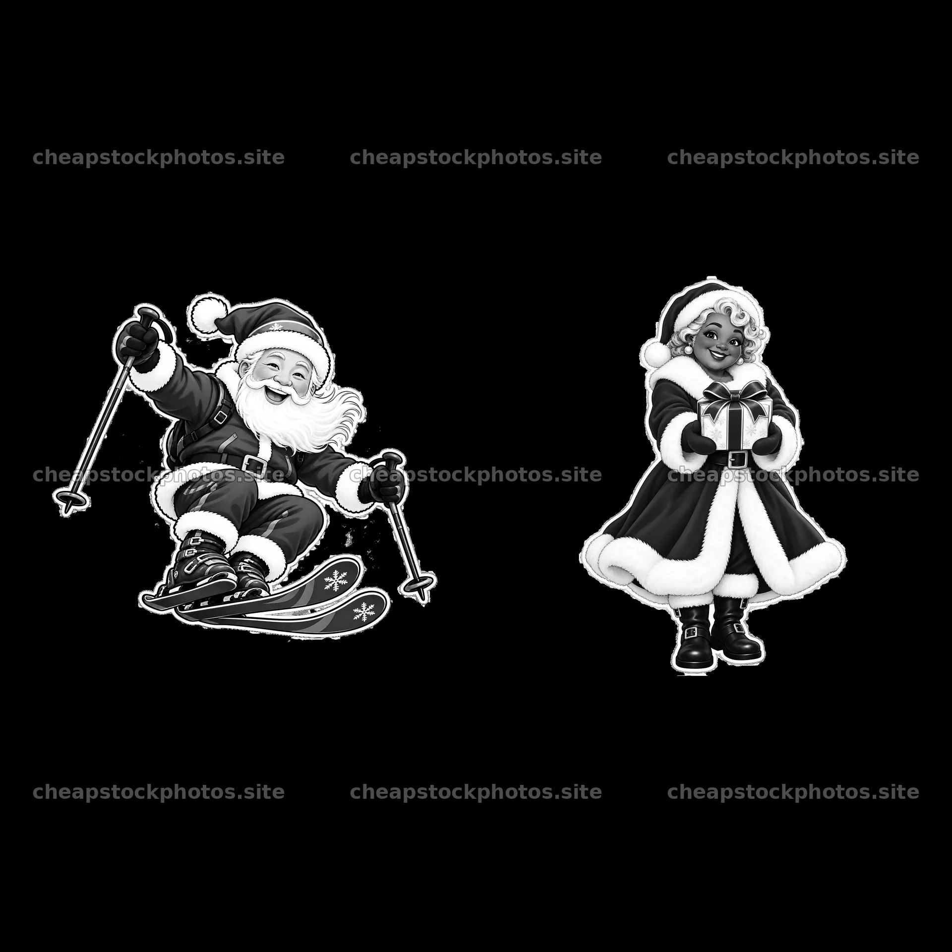 Santa skiing with Mrs. Claus holding a gift in a cartoon style – stock photos 7746x7746