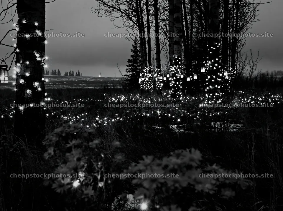 Wide Christmas meadow with native flowers and fairy lights – stock photos 9174x6866