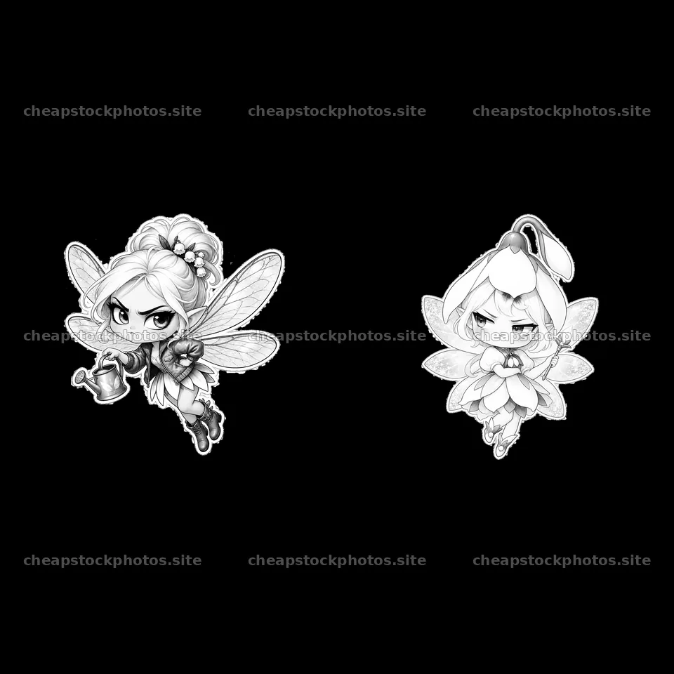 Kawaii grumpy fairies with accessories in black and white – stock photos 7746x7746