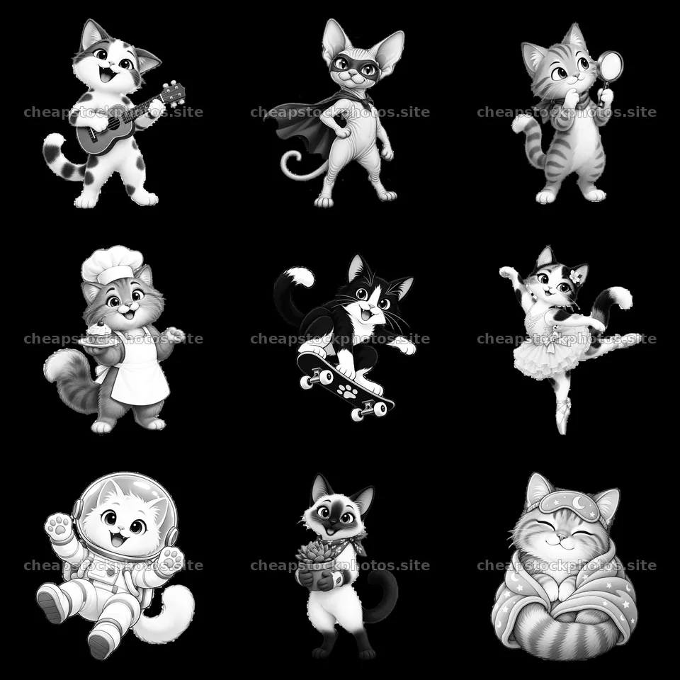 Cute cat characters in various fun activities in a grid layout – stock photos 7746x7746