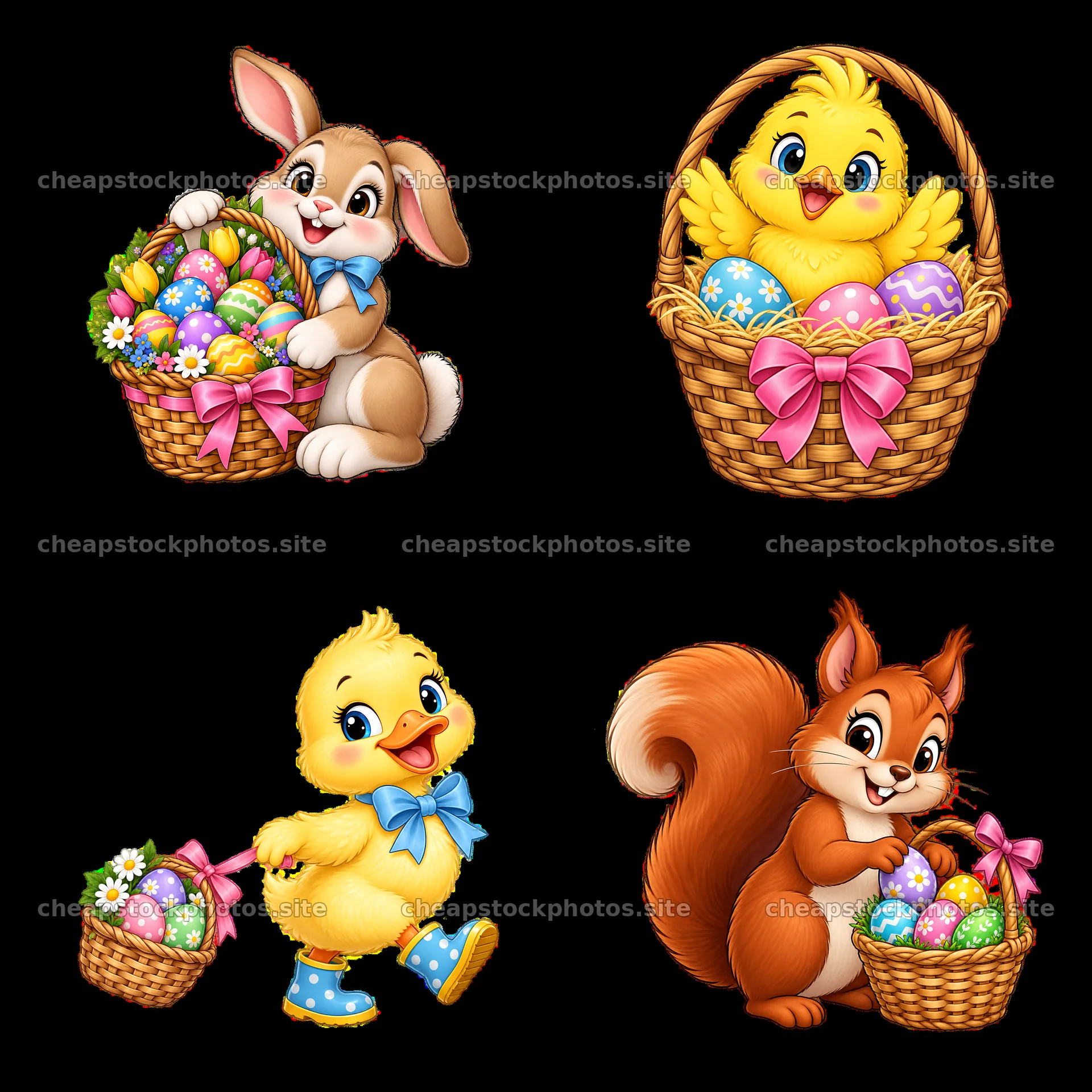 Easter basket stickers with bunny, chick, squirrel, and eggs – stock photos 7746x7746