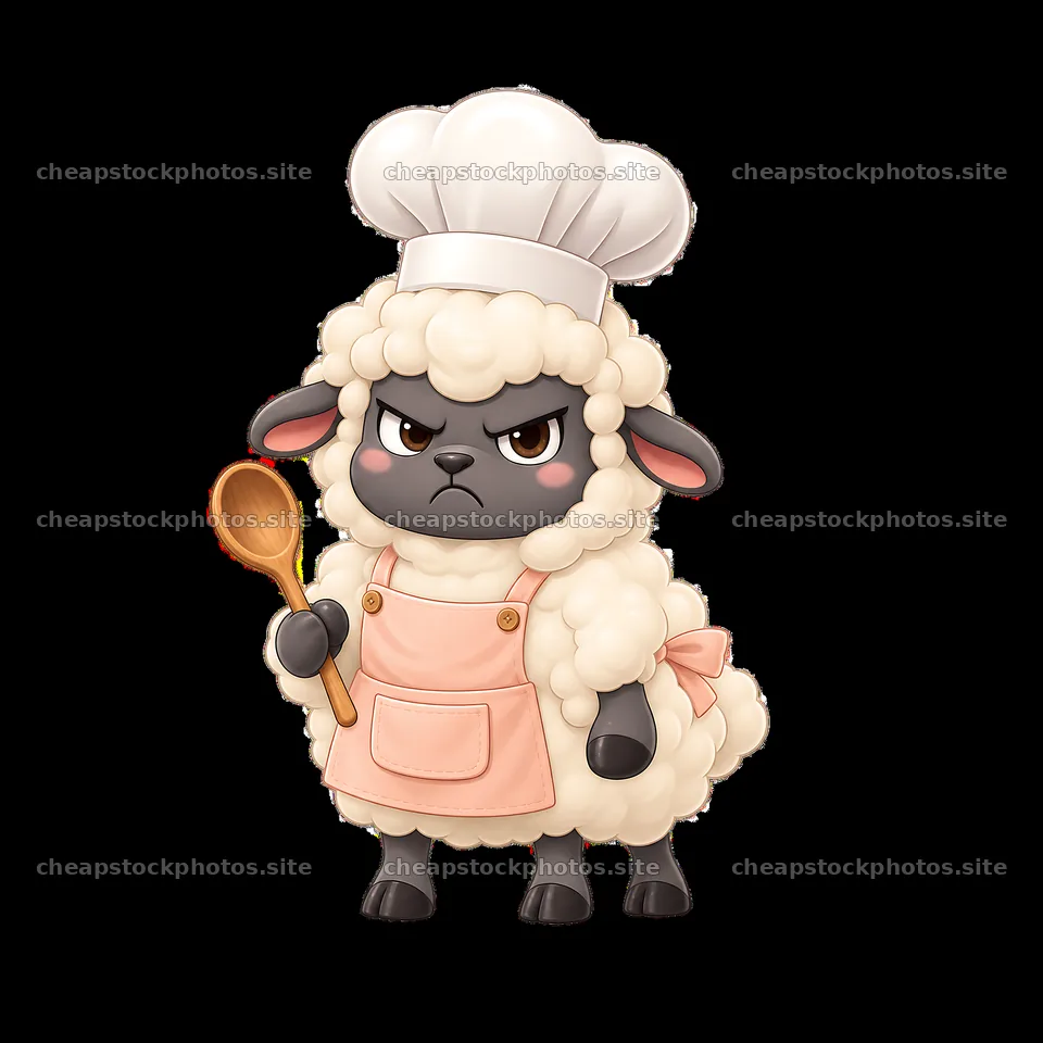 Kawaii grumpy sheep in chef outfit holding a wooden spoon – stock photos 7746x7746