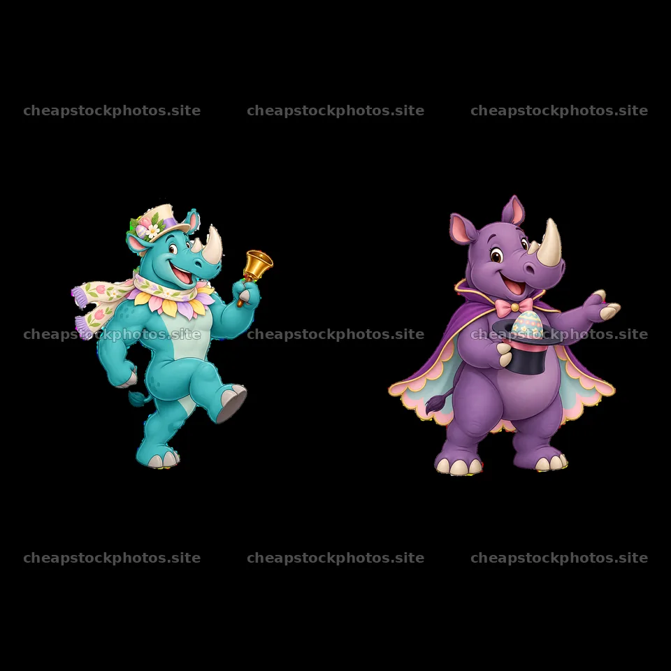 Easter rhinoceros characters with bell and cake in bright colors – stock photos 7746x7746