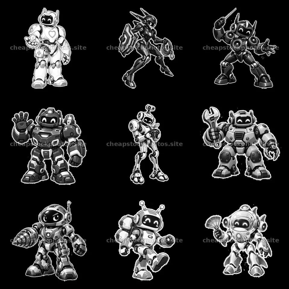 Nine black-and-white mech robot stickers in a square layout – stock photos 7746x7746