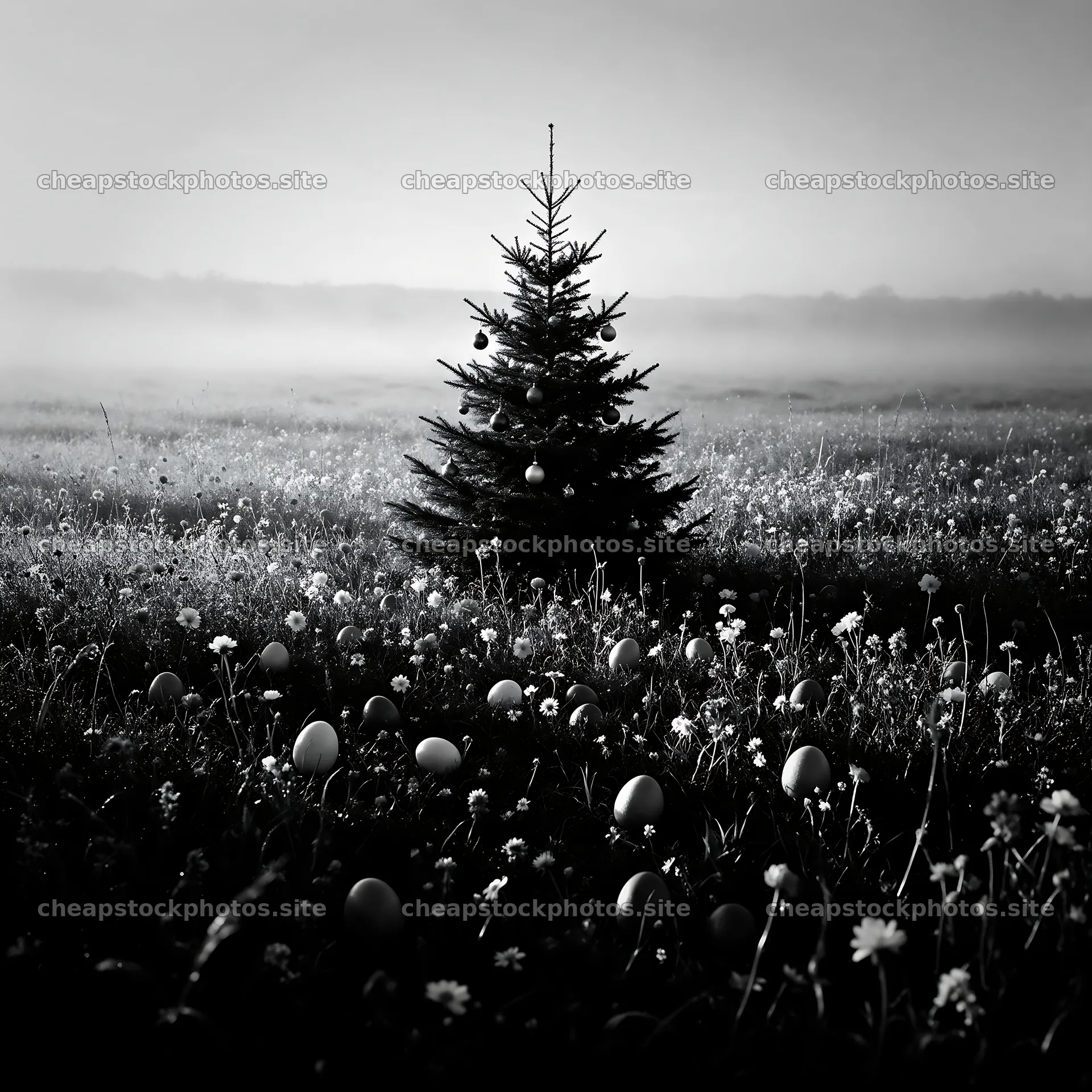 Vibrant Christmas tree in misty meadow with hidden eggs – stock photos 7938x7938