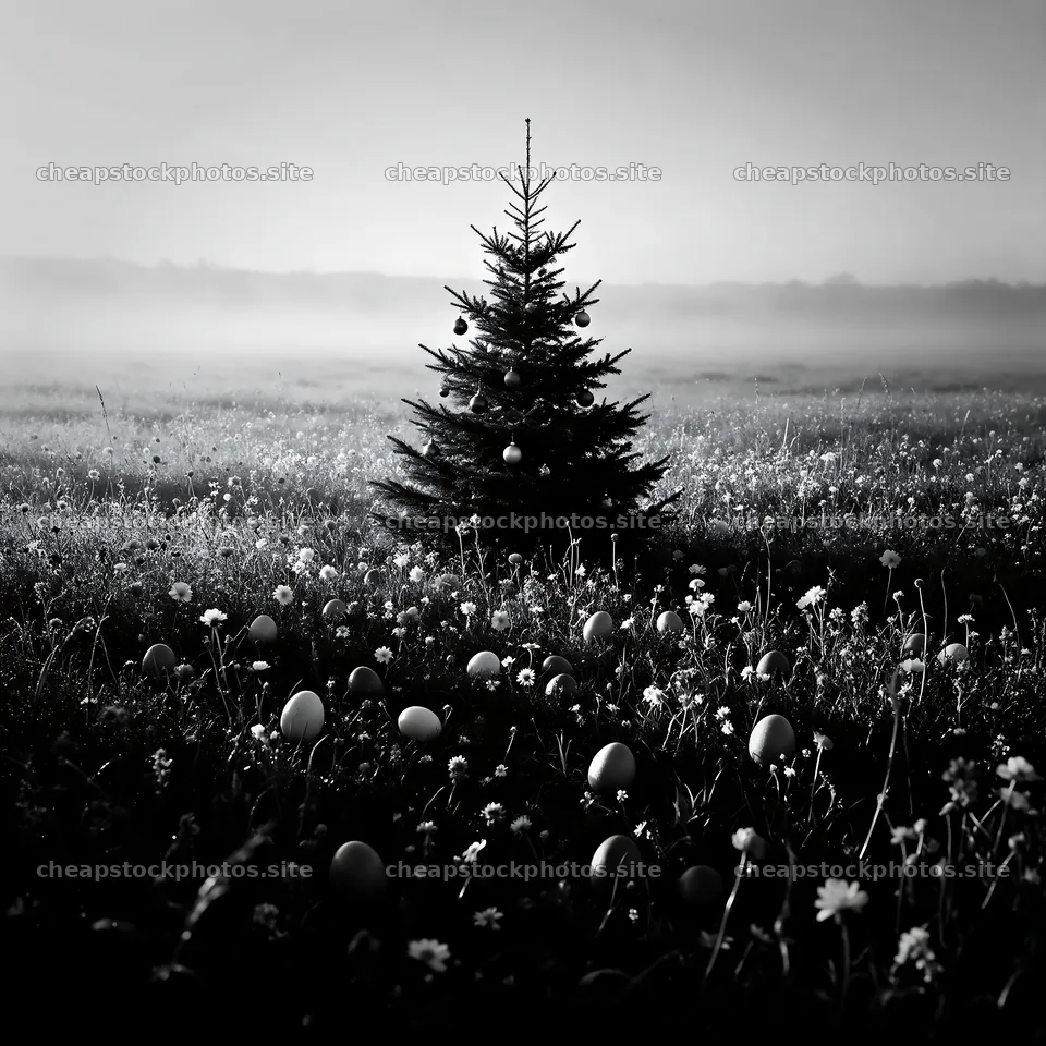 Vibrant Christmas tree in misty meadow with hidden eggs – stock photos 7938x7938