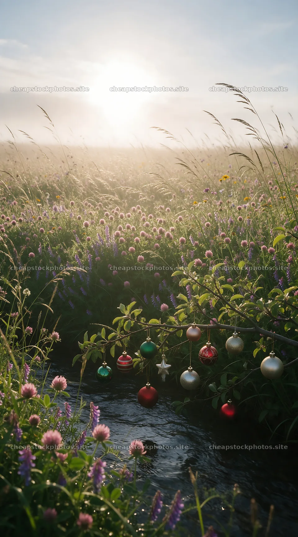 Christmas ornaments above stream in meadow at sunset – stock photos 5916x10648