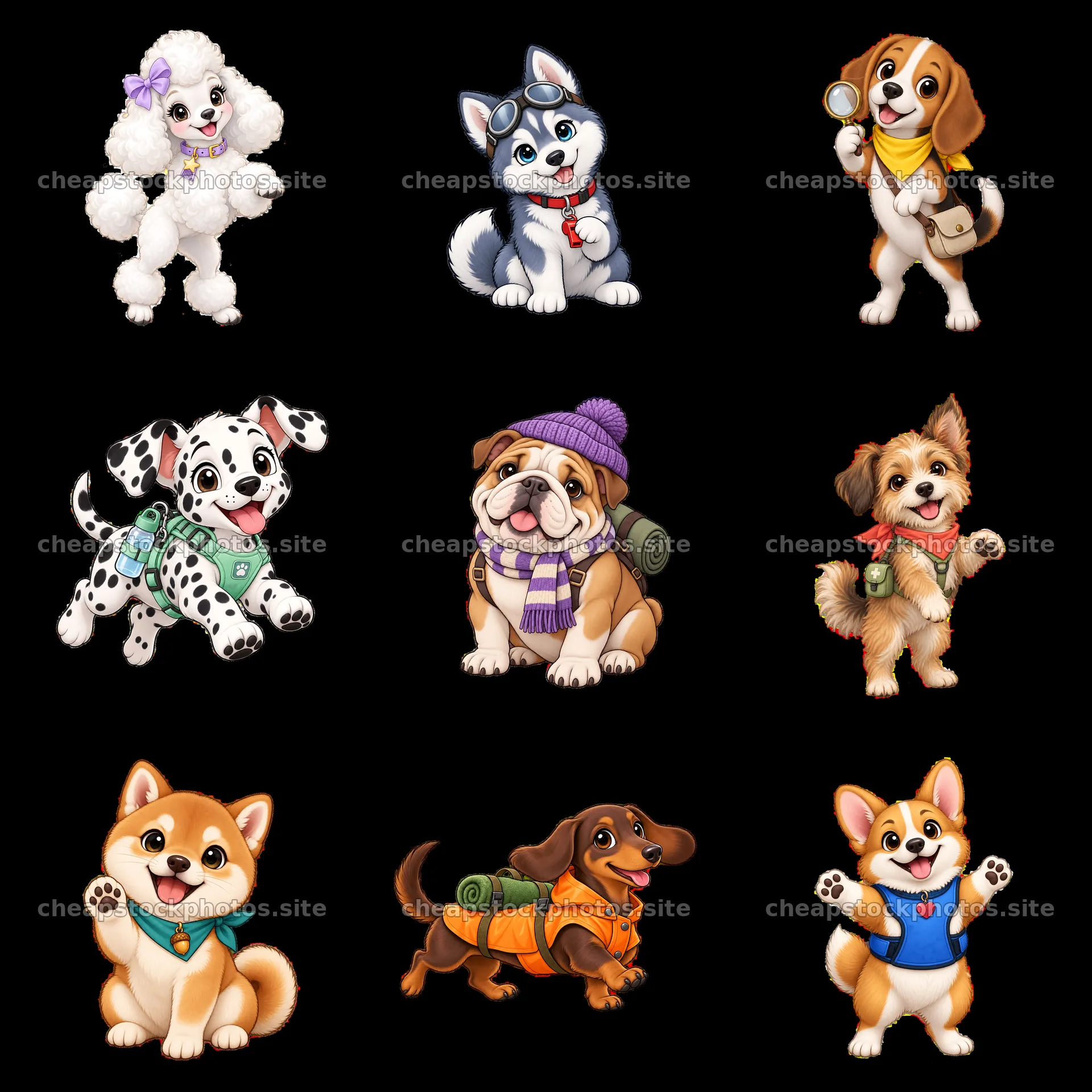 Cute K-9 dog stickers in a 3x3 grid layout with various breeds – stock photos 7746x7746