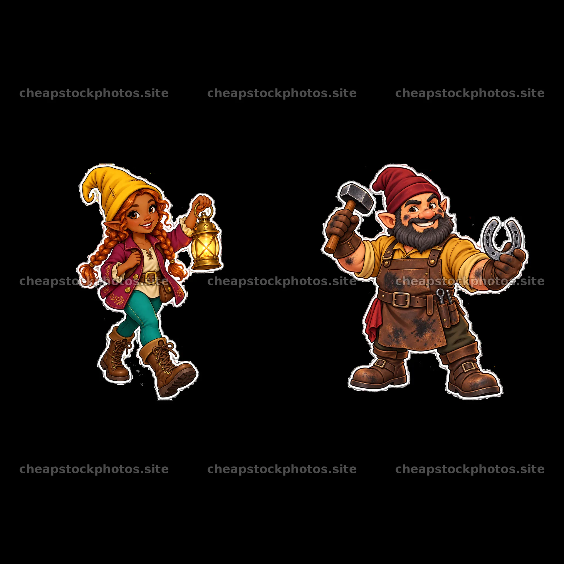 Gnome girl with lantern and gnome boy with horseshoe and hammer – stock photos 7746x7746