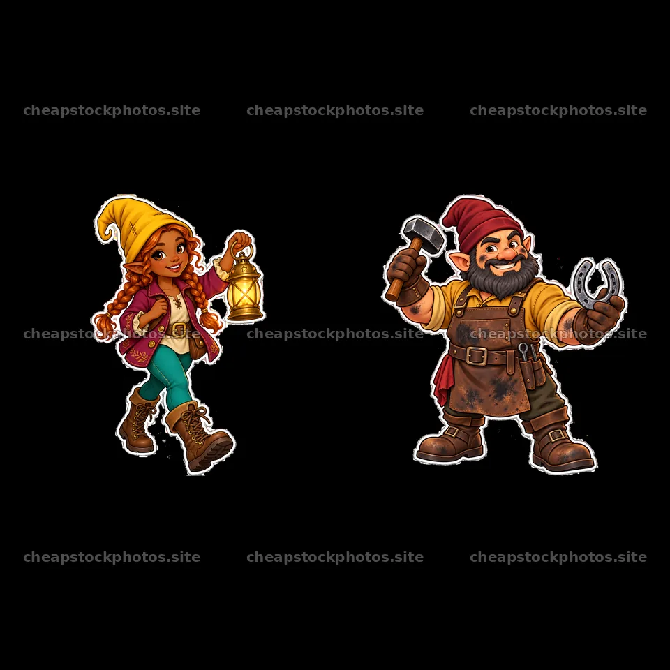 Gnome girl with lantern and gnome boy with horseshoe and hammer – stock photos 7746x7746