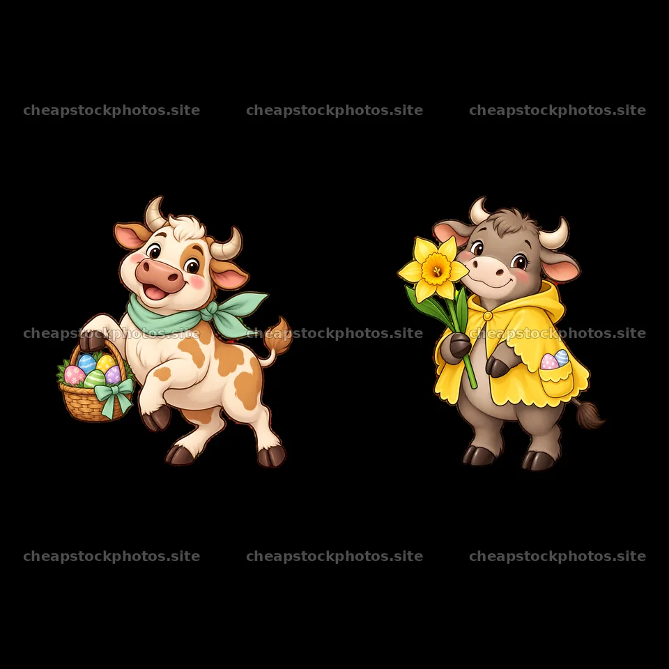 Easter ox characters with eggs and flowers in playful poses – stock photos 7746x7746