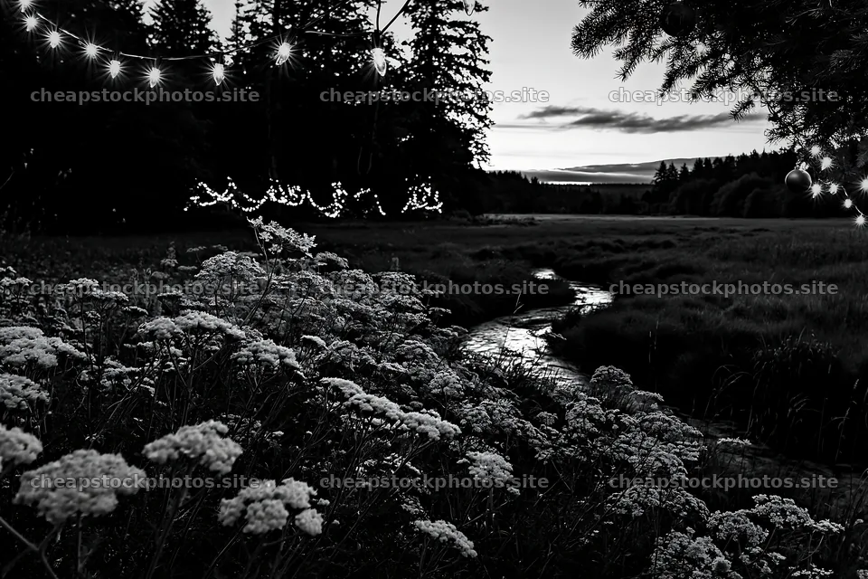 Christmas lights beside stream in meadow at dusk – stock photos 9722x6480