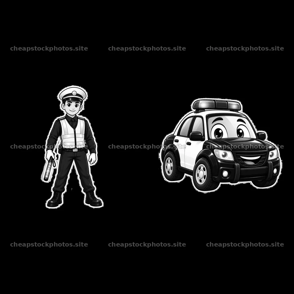 Police officer with a cartoon police car sticker illustration – stock photos 7746x7746