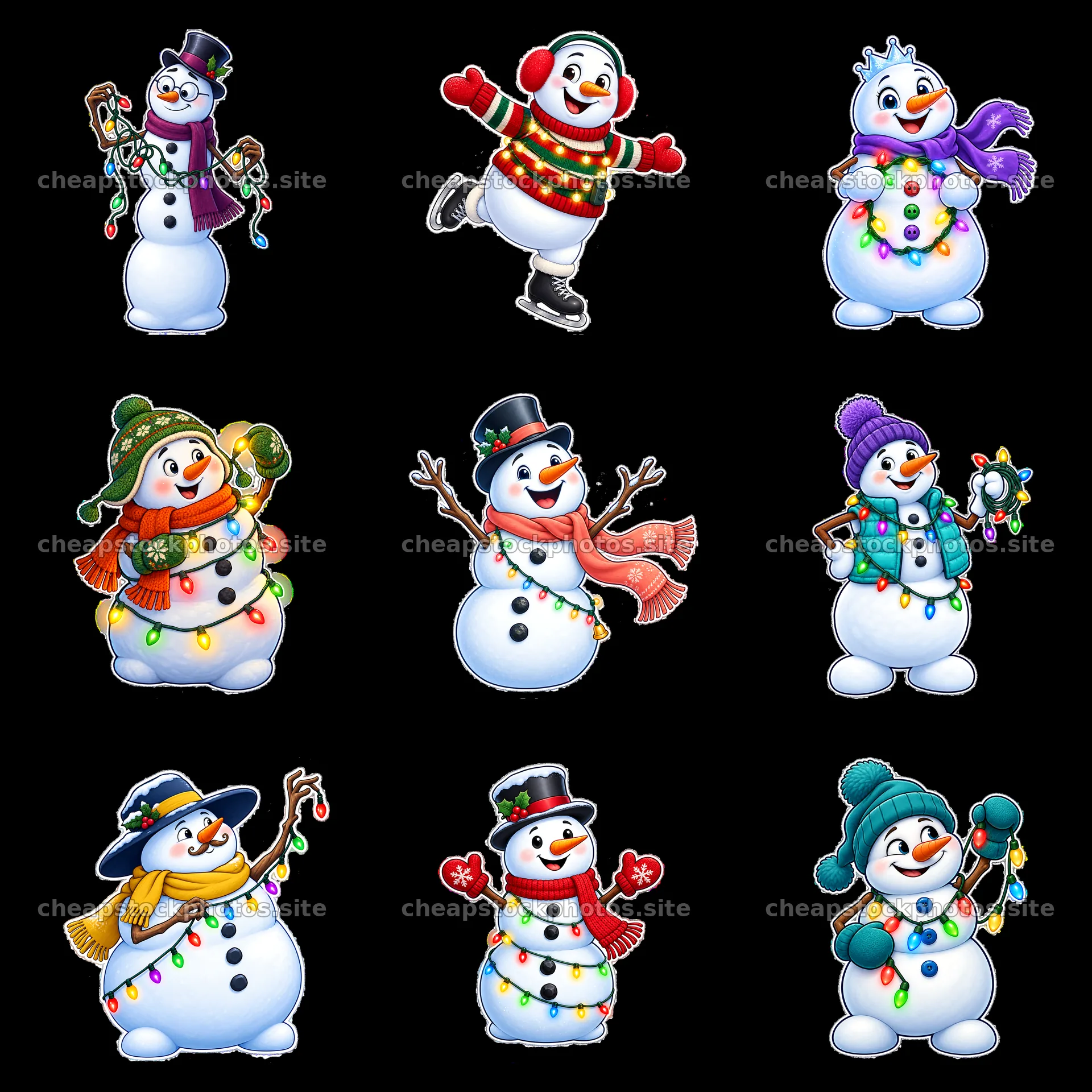 Snowmen with colorful string lights in a fun winter arrangement – stock photos 7746x7746