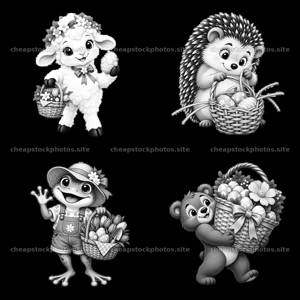Easter basket characters with lamb, hedgehog, frog, and bear – stock photos 7746x7746