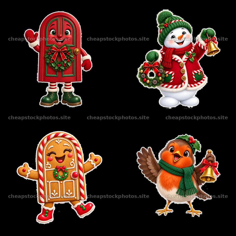 Christmas door with snowman, gingerbread, and robin stickers – stock photos 7746x7746