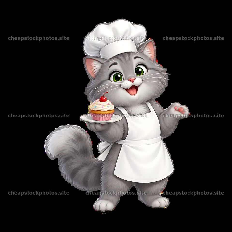 Cat chef with cupcake on a plate wearing an apron and hat – stock photos 7746x7746