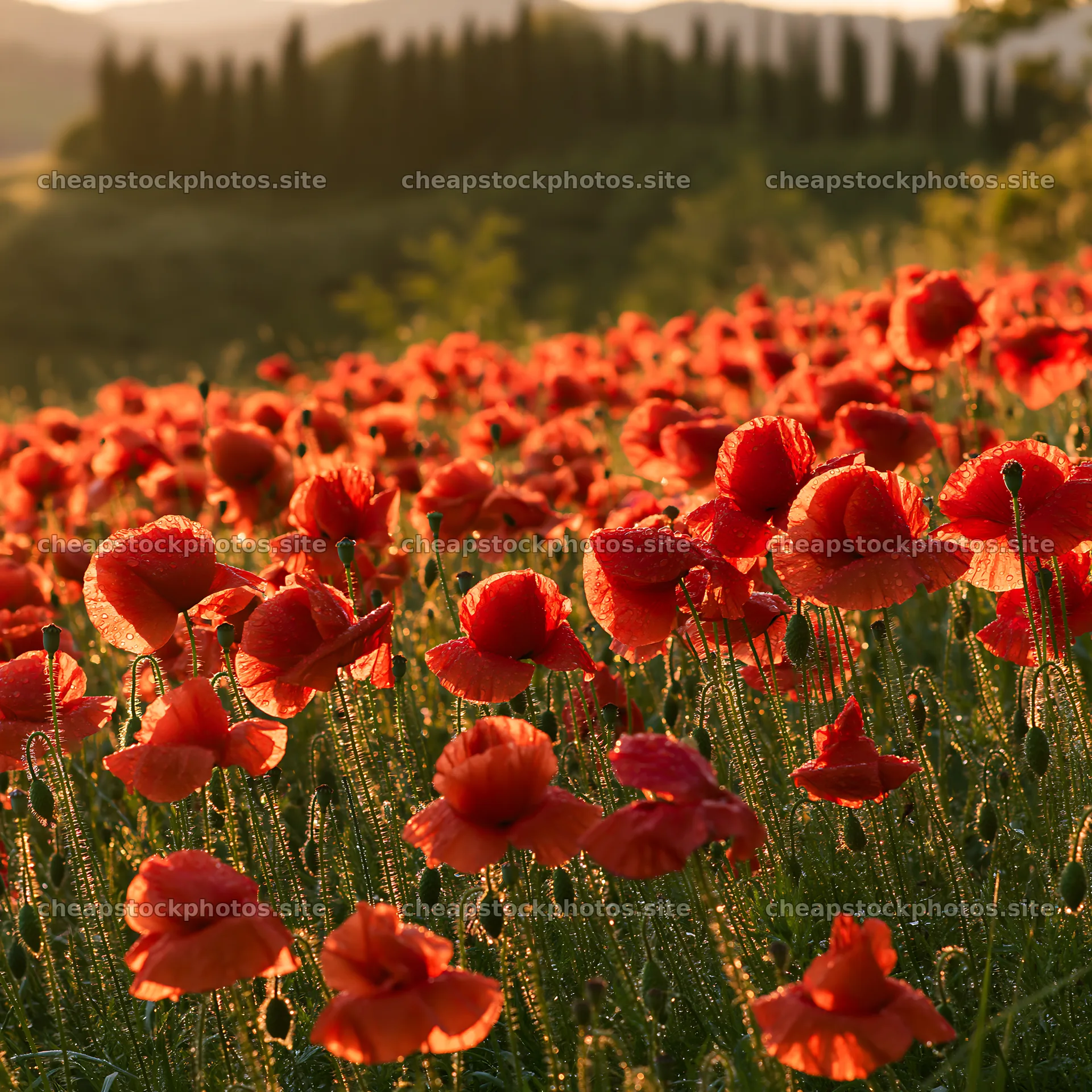 Rainwashed meadow with red poppy flowers under sunlight – stock photos 7938x7938